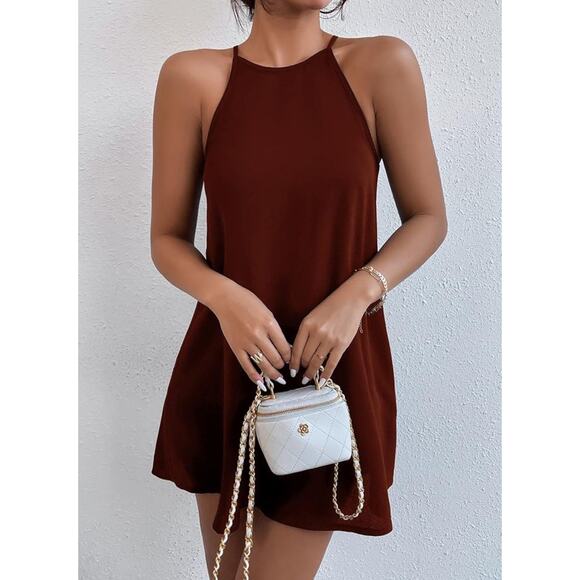 Krisa Double Layer Sleeveless Halter A-Line Mini Dress Spice Women's Size XS NWT - Picture 1 of 7